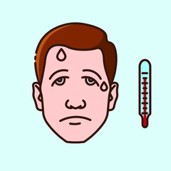 Sad guy in a fever with a high temperature suffering from colds or viral diseases; flu or coronavirus. Collection of color icons on blue background on the theme of medical tools and disease prevention