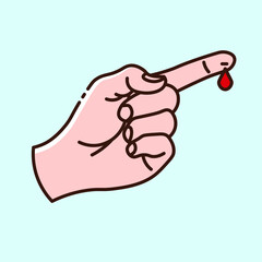 Finger with a wound and a drop of blood color icon on light blue background. Collection of stylish vector icons on the theme of medical tools, drugs and healthcare diagnostics.