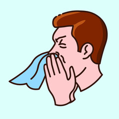 Man, blowing his nose in a napkin. Color icon on light blue. A runny nose caused by a cold, a virus, or a seasonal allergy. Collection of icons on the theme of medical tools and healthcare diagnostics