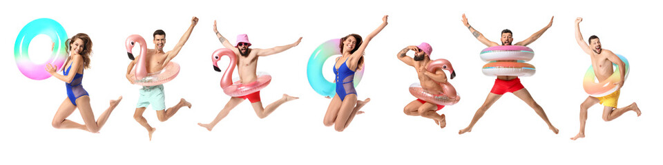 Set of jumping people with inflatable rings isolated on white