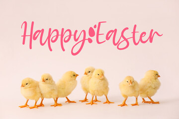 Many cute chickens and text HAPPY EASTER on light background