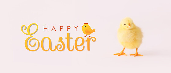 Cute chicken and text HAPPY EASTER on light background
