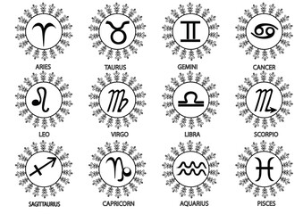 Collection of decorative symbols of all monthly signs for the horoscope. Set twelve zodiac signs: Aquarius, Aries, Cancer, Capricorn, Gemini, Leo, Libra, Pisces, Sagittarius, Scorpio, Taurus, Virgo.  