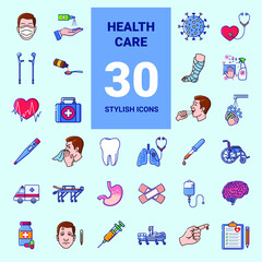 Set of color icons on the theme of medical tools, drugs, healthcare diagnostics and disease prevention. Collection of stylish medical illustrations on light blue background.