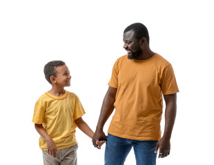 Portrait of African-American man with his little son on white background