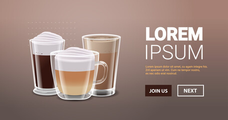 realistic coffee in glasses hot cocoa cappuccino and irish coffee drinks horizontal
