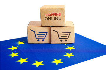 Online shopping, Shopping cart box on EU flag, import export, finance commerce. - obrazy, fototapety, plakaty