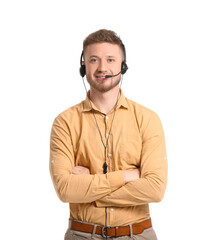 Handsome consultant of call center in headset on white background