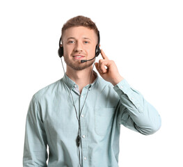 Male consultant of call center in headset on white background