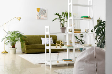 Interior of light living room with book shelves, green sofa and houseplants