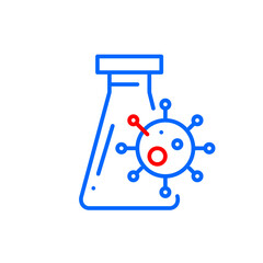 Coronavirus vaccine lab research or blood testing icon. Covid molecule over a laboratory flask. Pixel perfect, editable stroke.