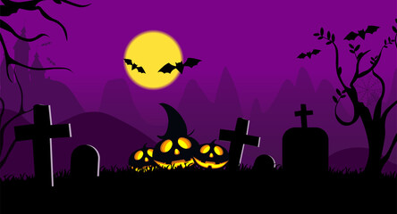 Happy Halloween with the tree, haunted house, pumpkin, full moon scene vector illustration.