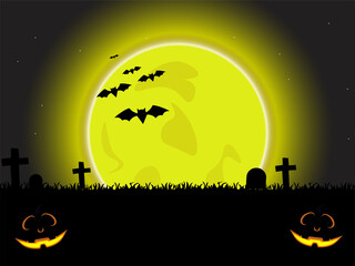 Happy Halloween with the tree, haunted house, pumpkin, full moon scene vector illustration.