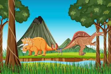 Prehistoric forest with dinosaur cartoon © blueringmedia