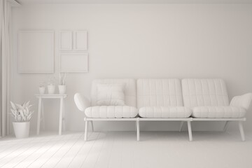 Mock up of minimalist living room in white color with sofa. Scandinavian interior design. 3D illustration