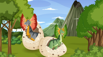 Prehistoric forest with dinosaur cartoon © blueringmedia