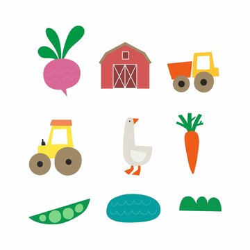 Farm life - vector illustration. Cute pictures with tractor, truck, farm, vegetables