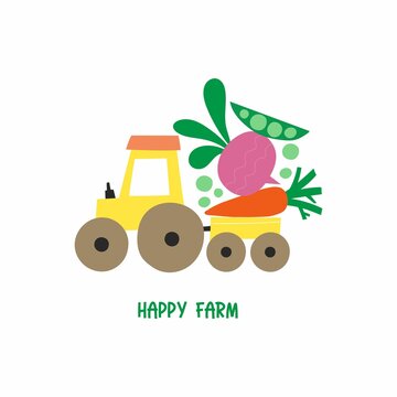 Farm life - vector illustration. Cute pictures with tractor, truck, farm, vegetables