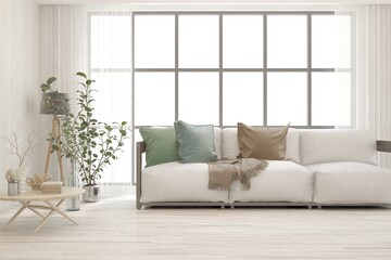 Modern living room in white color with sofa. Scandinavian interior design. 3D illustration