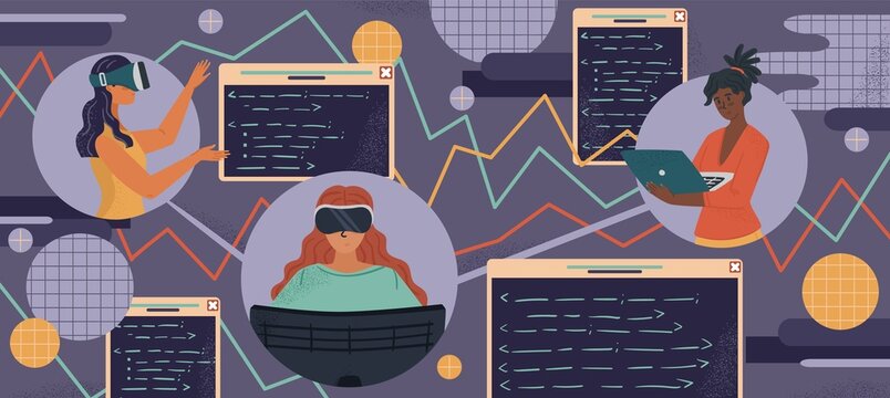 Woman in VR goggles coding application. Black and white female engineers and developers. Diversity and Break the science bias concept vector illustration. Women in tech. Innovative technologies
