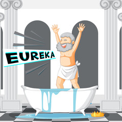 Archimedes in bathtub cartoon with the word Eureka