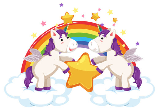 Two cute unicorns holding a star together