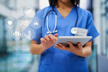 Healthcare solutions at the touch of a button. Cropped shot of an unrecognizable female nurse using a tablet while standing in the hospital.