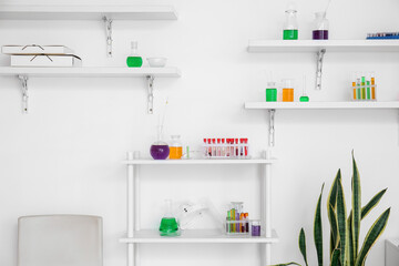 Shelves with chemical glassware hanging on light wall in laboratory