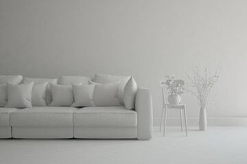 White minimalist living room with sofa. Scandinavian interior design. 3D illustration