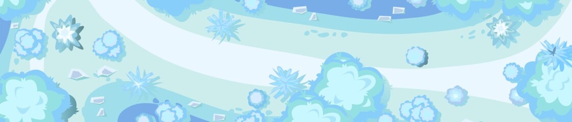 Winter landscape top view. Snowy frosty nature in cold season. From high. White and blue drifts of snow. Illustration in cartoon style flat design. Vector