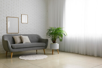 Fototapeta na wymiar Interior of light room with comfortable sofa, houseplant and blank photo frames on white brick wall