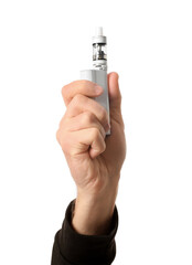 Male hand with vape mod on white background