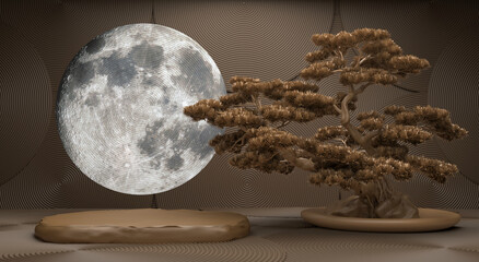 bonsai tree on a moon background for product presentation.3d rendering