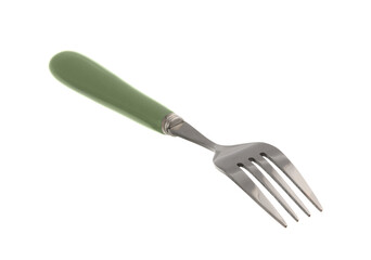 Stylish stainless steel fork on white background