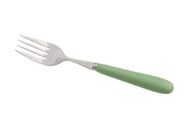 Stylish stainless steel fork on white background