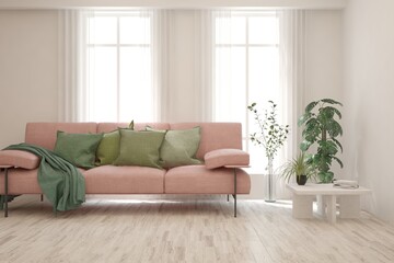 White living room with sofa. Scandinavian interior design. 3D illustration