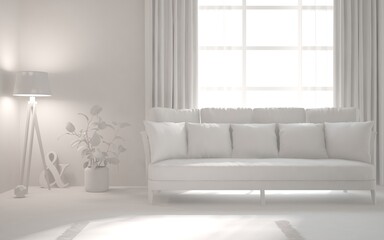 White minimalist living room with sofa. Scandinavian interior design. 3D illustration