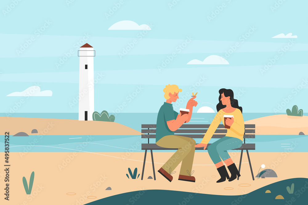 Wall mural Romantic couple dating on sea beach landscape with lighthouse. Happy man and woman sitting on bench, cute coastline scene with young lovers drinking coffee flat vector illustration. Love, date concept