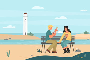Romantic couple dating on sea beach landscape with lighthouse. Happy man and woman sitting on bench, cute coastline scene with young lovers drinking coffee flat vector illustration. Love, date concept