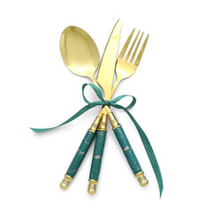 Elegant cutlery with ribbon on white background