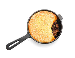 Frying pan with tasty Shepherd's pie on white background