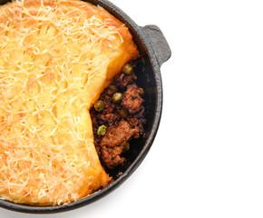 Frying pan with tasty Shepherd's pie on white background, closeup