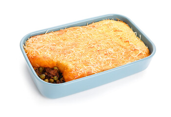 Baking dish with tasty Shepherd's pie on white background
