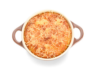 Pot with tasty Shepherd's pie on white background