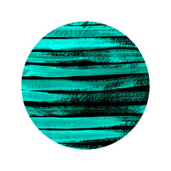Black circle with turquoise horizontal stripes. Hand-drawn textured abstraction isolated on white background.