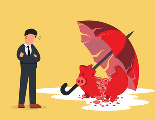 Crisis Business Concept. businessman looks at Piggy bank under the broken umbrella, finance economy fall down