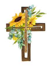 Set of wooden watercolor cross with eucalyptus and sunflowers on a white background. For first communion, baptism invitations, easter.
