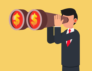 Looking for investment opportunity. businessman investor look through binoculars to see money dollar sign