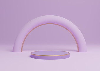 Light, pastel, lavender purple 3D rendering simple product display cylinder podium or stand with golden lines minimal composition with an arch geometric and luxurious shine