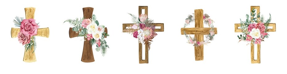 Fototapeta Set of boho wooden watercolor cross with eucalyptus, fern and roses on a white background. For first communion, baptism invitations, easter. obraz